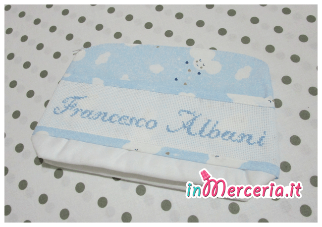 Set nascita - FIocco nascita cicogna, sacchetto e bustina portaoggetti per Francesco