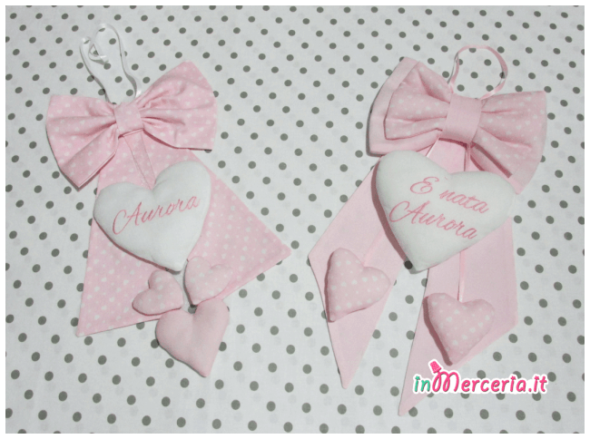 Fiocchi nascita rosa pois con cuori per Aurora
