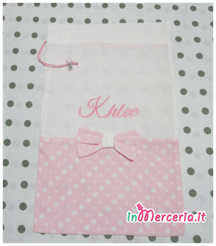 Sacchettini portaoggetti nascita e asilo pois con cuori per Gabriel e Khloe