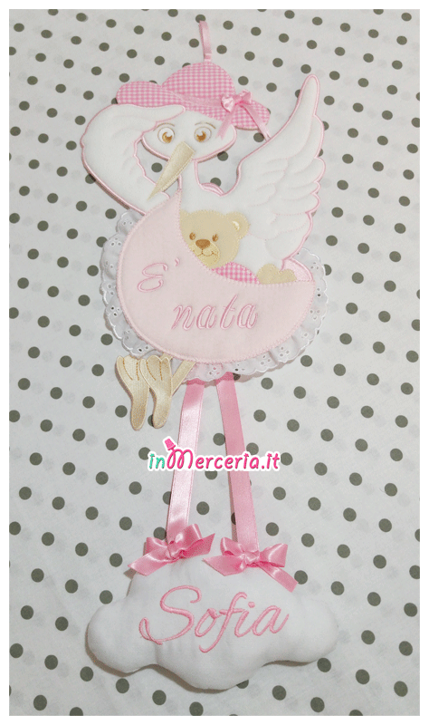 Cicogna Nascita Da Esterno Rosa - Decorazione Con Targhetta Nome Bambino - Foto 6