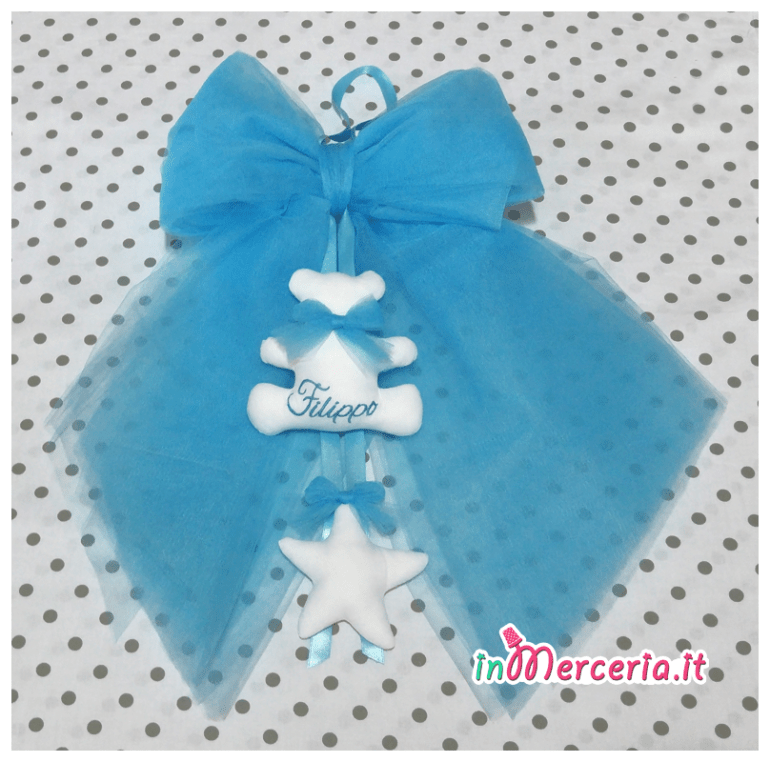 Fiocco nascita tulle con orsetto per Filippo