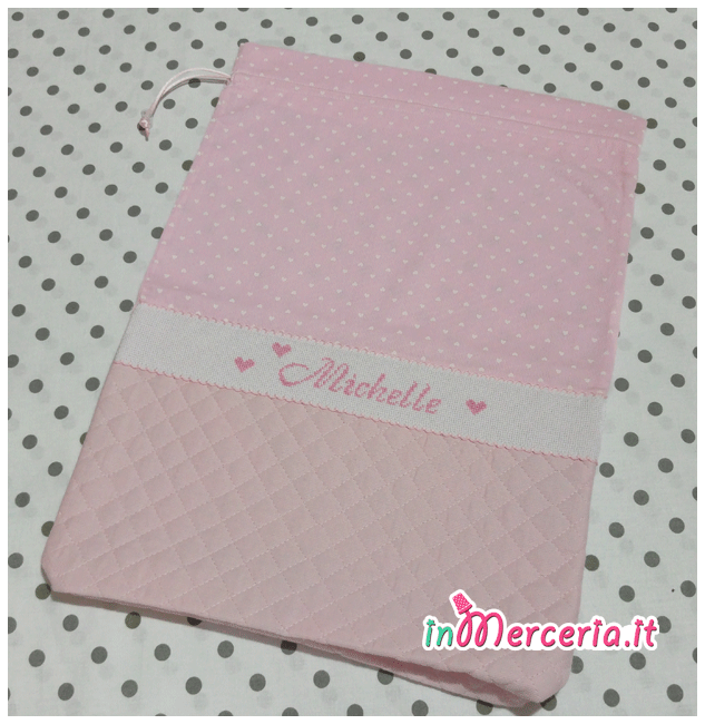 Set nascita - Lenzuolino, accappatoio, copertina e sacchetto trapuntato per Michelle