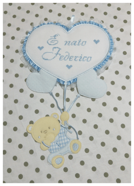 Fiocco nascita con orsetto su palloncini cuore “È nato Federico