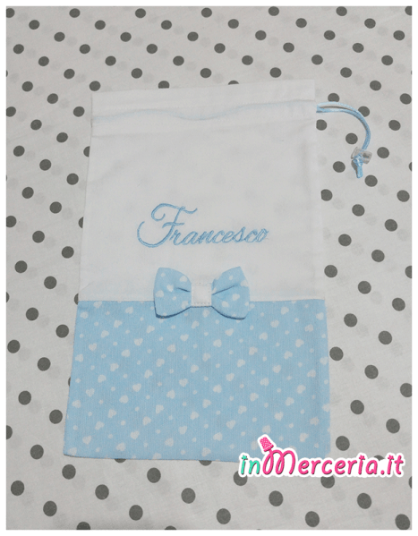 Sacchettino nascita e asilo pois con cuori per Francesco