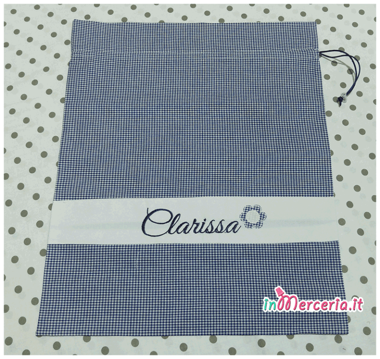 Sacchetto e sacchettino nascita e asilo quadrettato blu per Clarissa