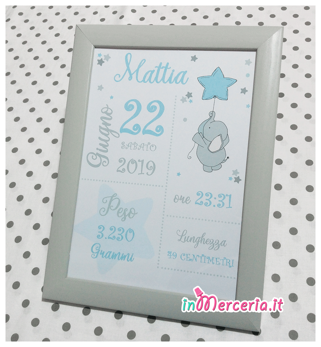 Poster quadretto nascita con elefante per "Mattia"