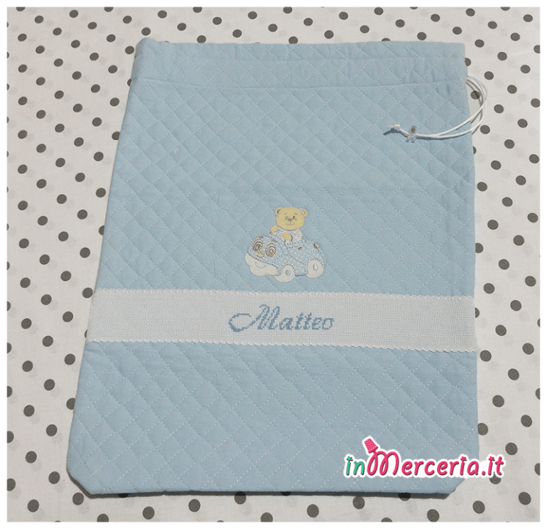 Set nascita neonato- Coordinato lettino con topolino, sacco trapuntato con orsetto e coprifasciatoio per Mattia