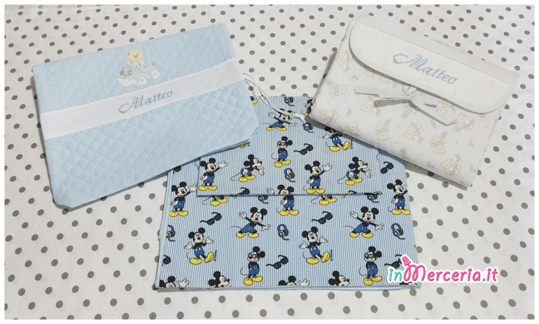 Set nascita neonato- Coordinato lettino con topolino, sacco trapuntato con orsetto e coprifasciatoio per Mattia
