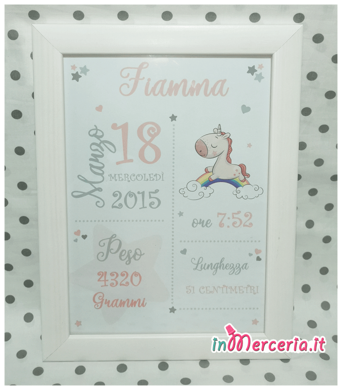 Poster quadretto nascita con unicorno per Diego e Fiamma