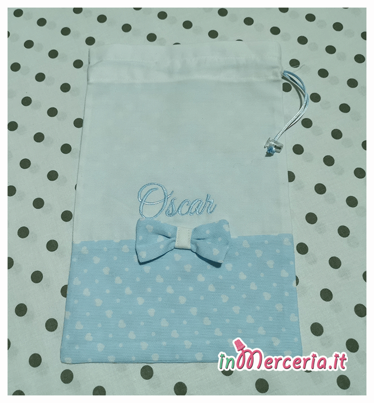 Sacco zaino con orecchie di coniglio e sachettino pois con cuori per Oscar e Federico