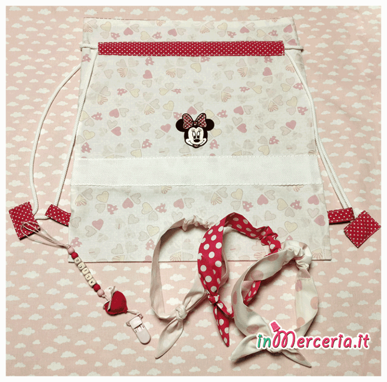 Sacco nascita e asilo minni mouse, clip e fascia capelli per Alice