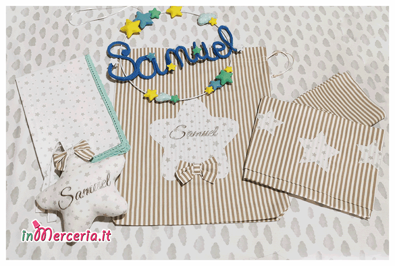 Set nascita - Sacchetto, lenzuolino, tovaglietta, stella e fiocco nascita per Samuel