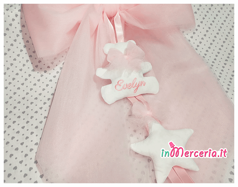 Fiocco nascita tulle rosa con orsetto per Evelyn