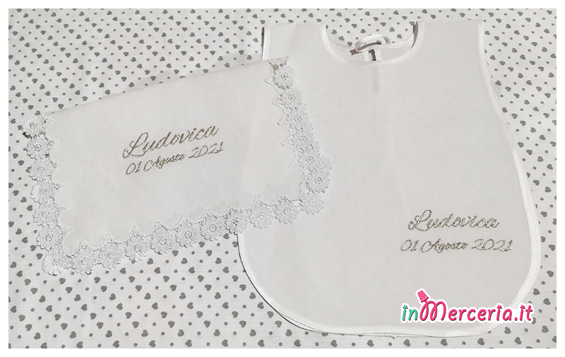 Camicina battesimo in cotone e asciugamano in lino con macramè per Ludovica