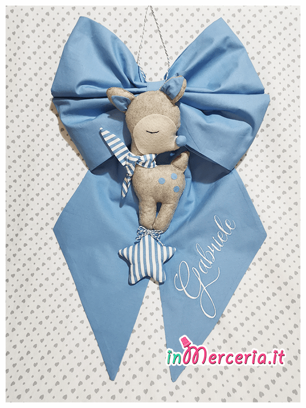Fiocco nascita celeste con cerbiatto per Gabriele