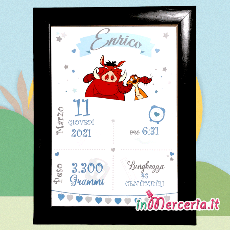 Quadretto nascita Timon e Pumbaa del Re Leone per Enrico