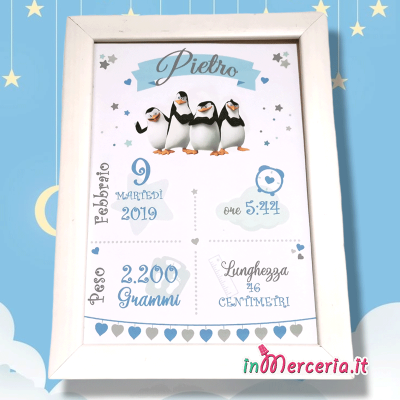 Quadretto nascita con i pinguini di Madagascar Pietro