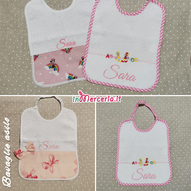 Bavette asilo con fiocchetto, matite e minnie mouse per Sara
