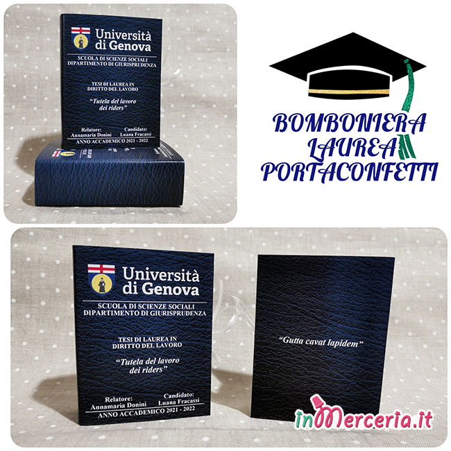 Bomboniere portaconfetti libro per Laurea in diritto del lavoro della Dottoressa Fracassi – Università di Genova minitesi