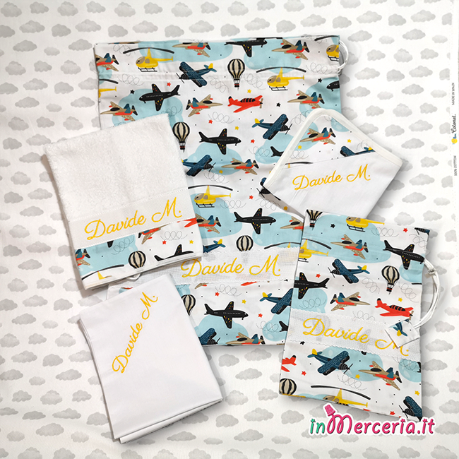 Set asilo astronauta – Sacchetto, tovagliolo, federa cuscino, bavetta e asciugamano DAVIDE