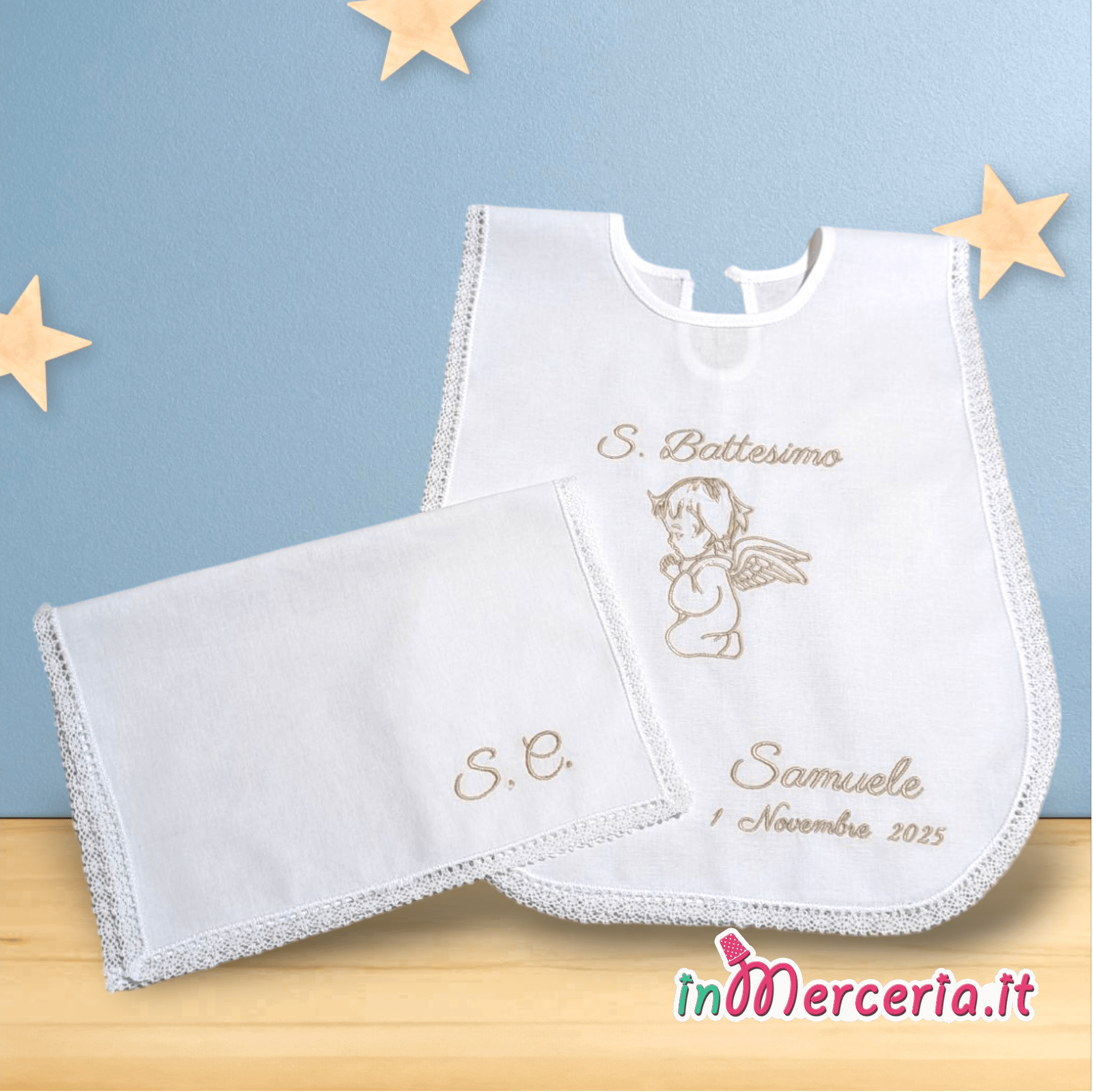 Camicina S. Battesimo con angelo preghiera e asciugamano con iniziali per Samuele