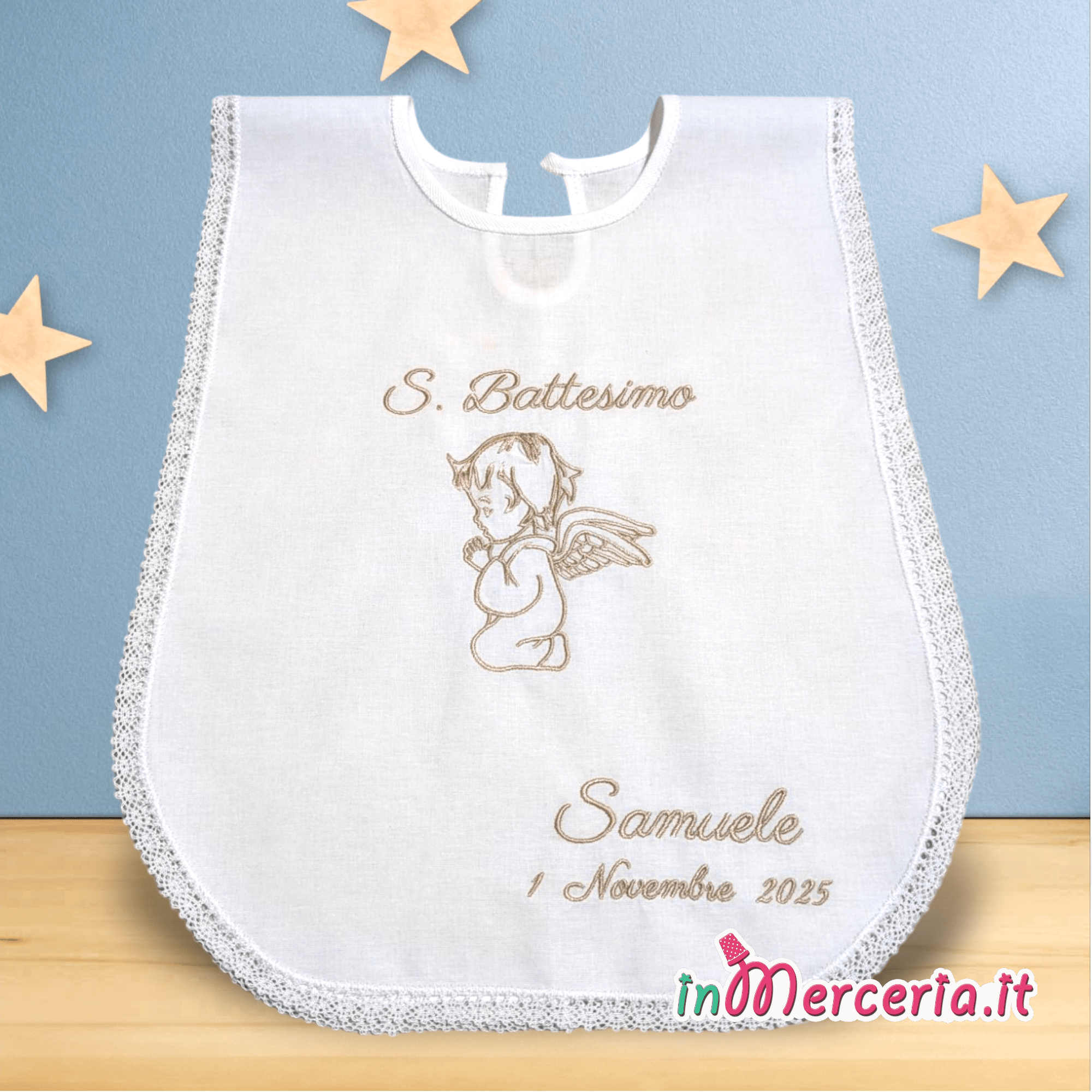 Camicina S. Battesimo con angelo preghiera e asciugamano con iniziali per Samuele