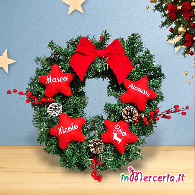 Ghirlanda fuori porta natalizio con stelle personalizzate marco azzurra nicole cane boo