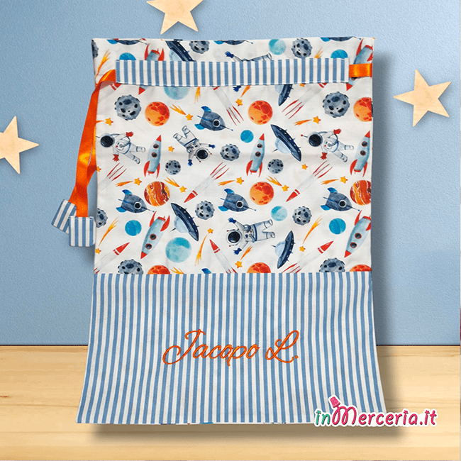 Sacchetto nascita e asilo con astronauta con razzo e navicella jacopo 1