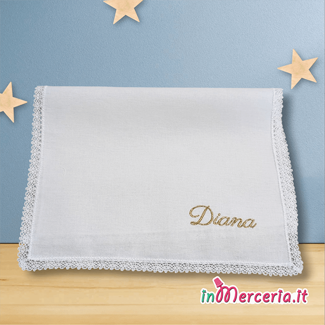 Ascugamano Battesimo con ricamo oro nome Diana