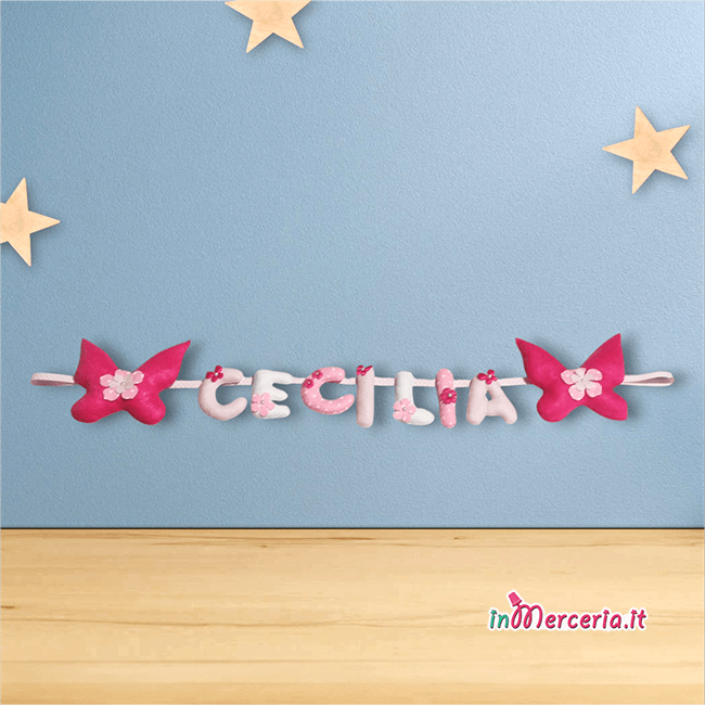 Banner nome in feltro con farfalle Cecilia