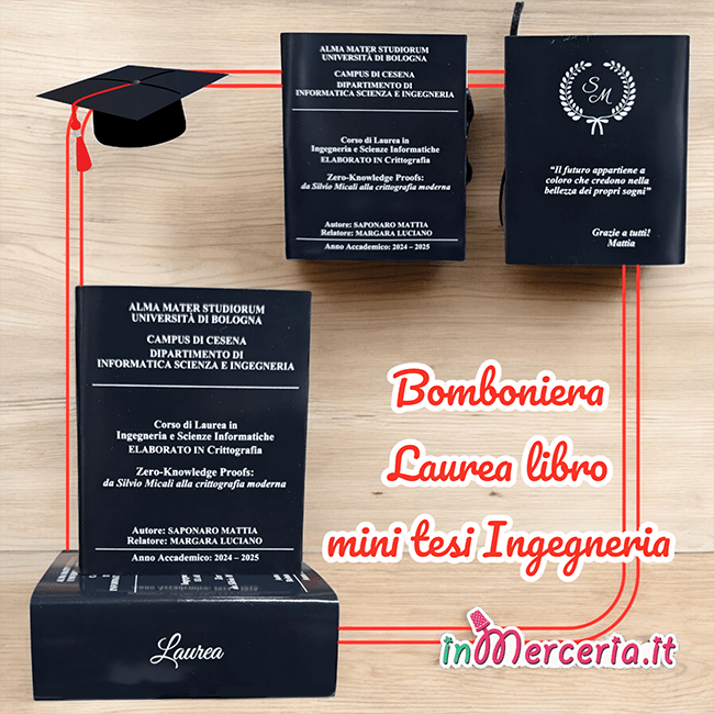Bomboniera Laurea libro mini tesi Ingegneria Università Bologna nero per Mattia