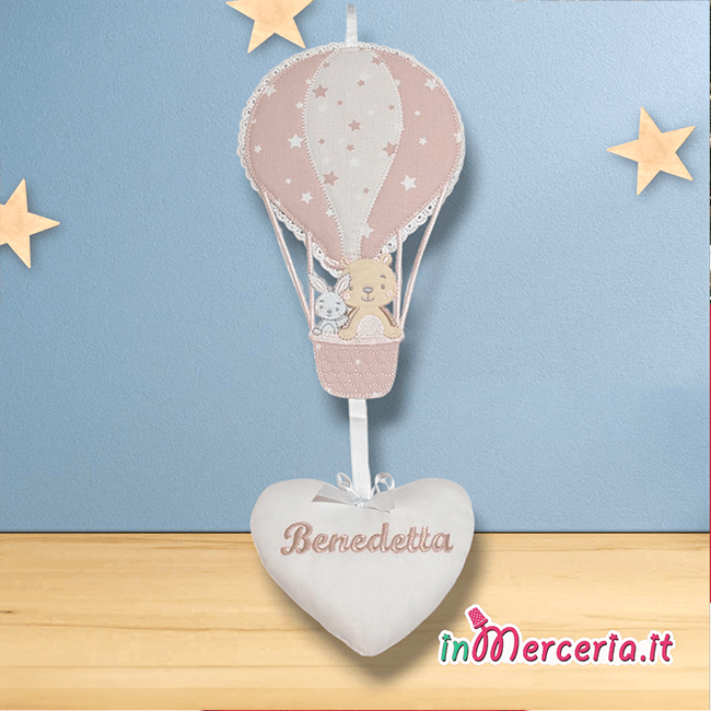 Fiocco nascita mongolfiera con cuore pendente per Benedetta