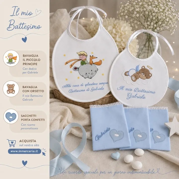 Set Battesimo per Gabriele - Bavaglia con orsetto e “Il Piccolo Principe”, Sacchetti porta confetti